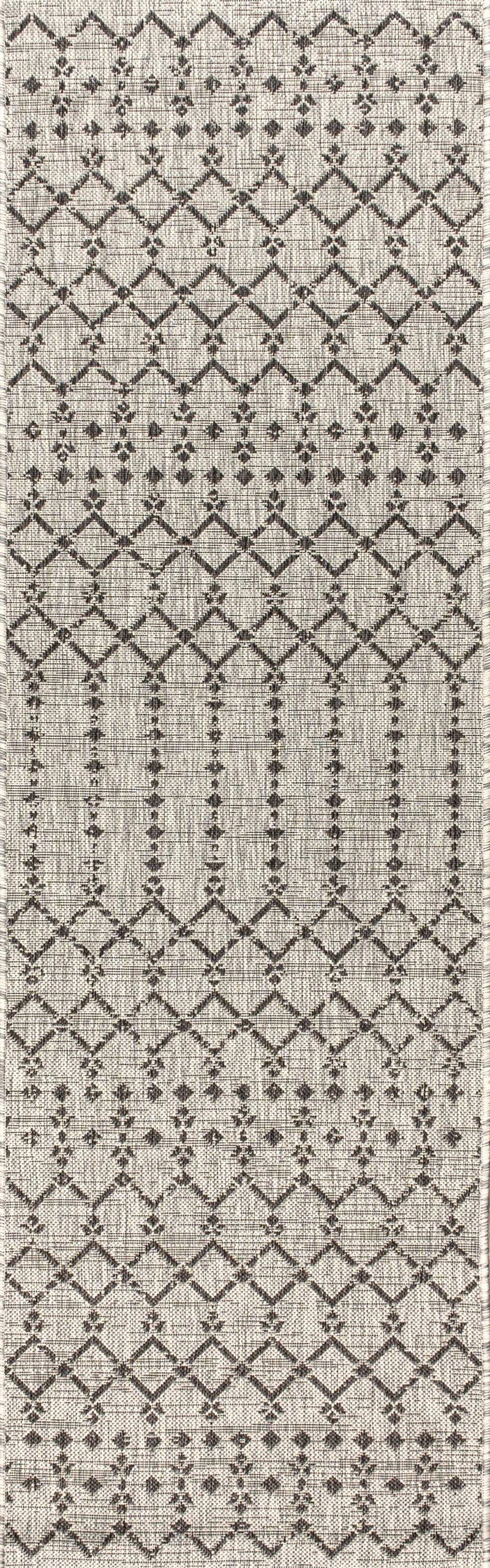 20' Light Gray And Black Trellis Indoor Outdoor Runner Rug - GreatEagleInc