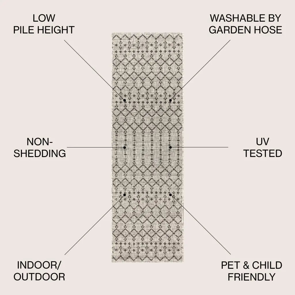 20' Light Gray And Black Trellis Indoor Outdoor Runner Rug - GreatEagleInc