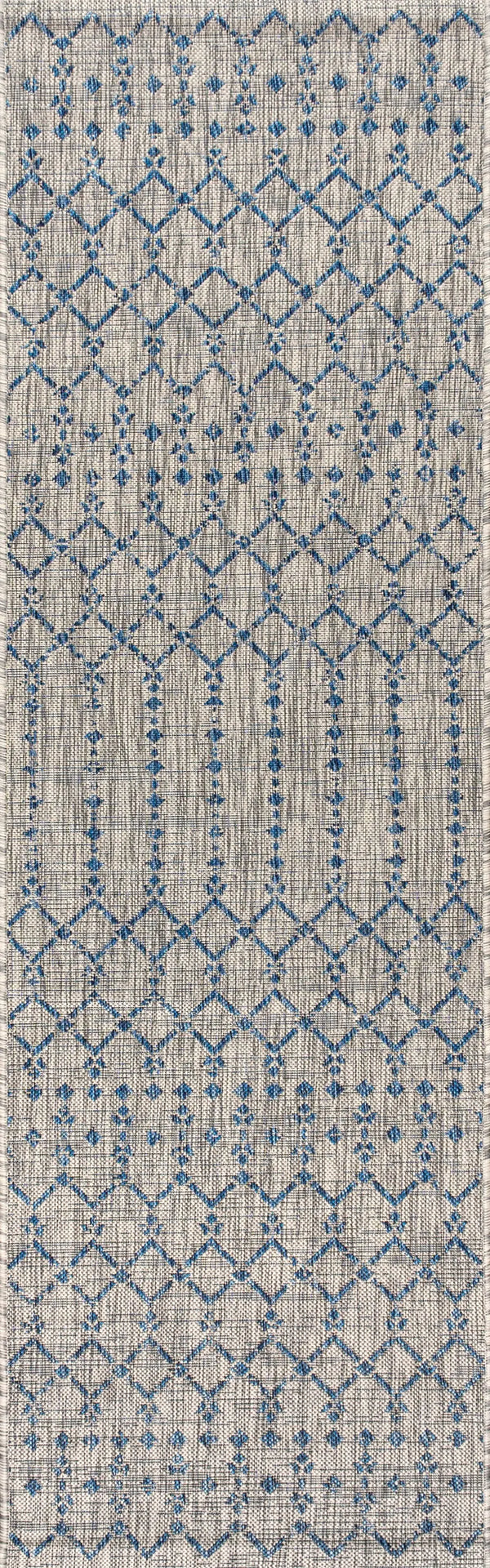 20' Light Gray And Navy Blue Trellis Indoor Outdoor Runner Rug Homeroots Outdoor