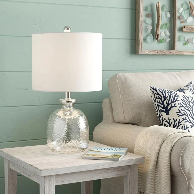 20" Light Gray Textured Glass Table Lamp With White Drum Shade Homeroots Lighting