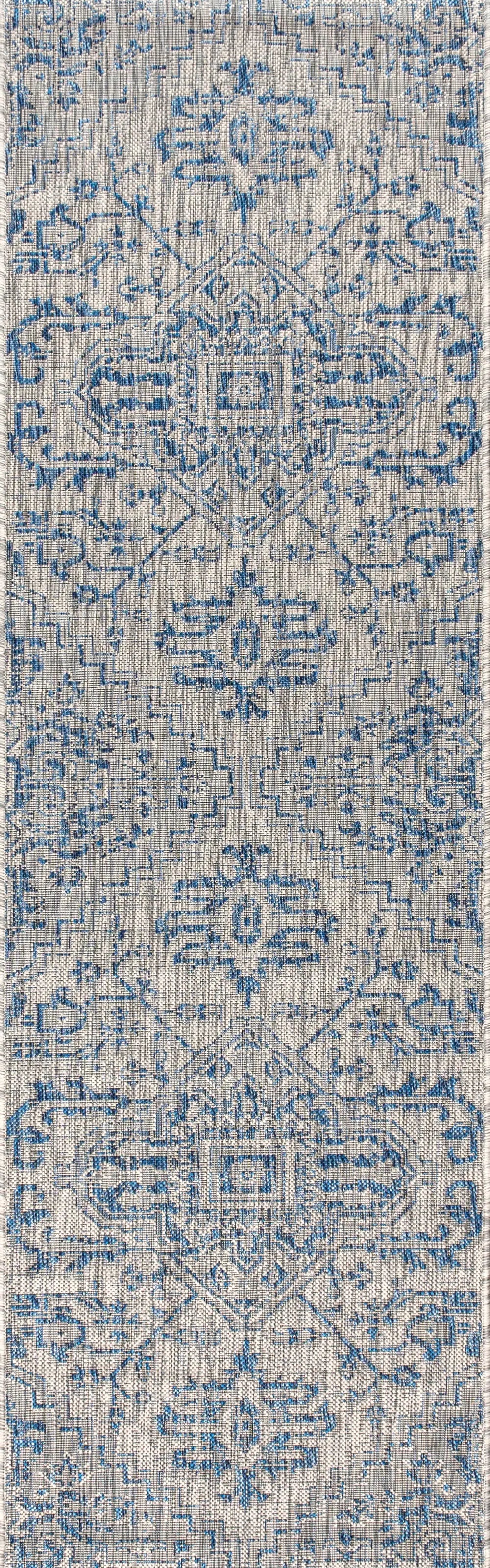 20' Navy Blue And Gray Medallion Indoor Outdoor Runner Rug Homeroots Outdoor