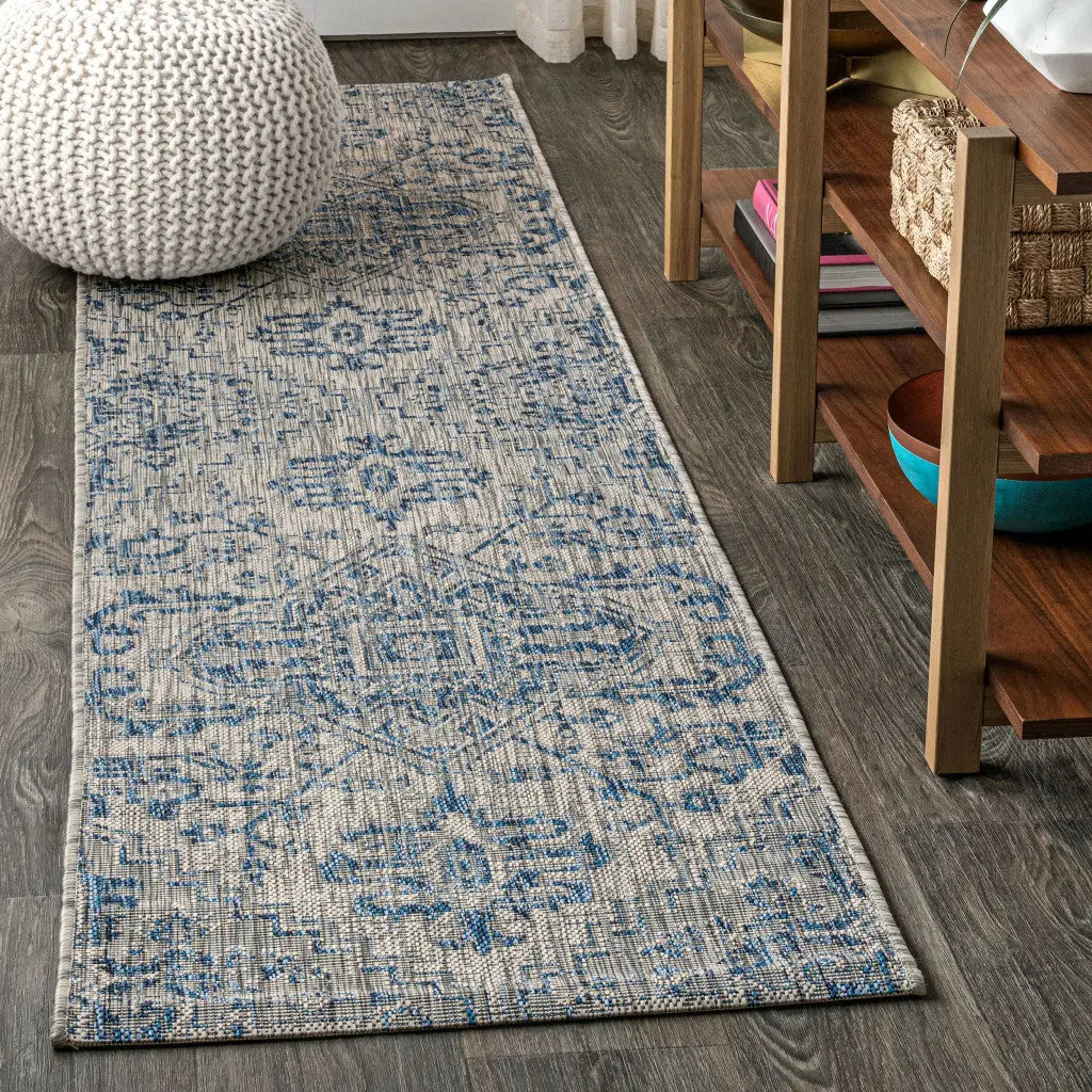 20' Navy Blue And Gray Medallion Indoor Outdoor Runner Rug Homeroots Outdoor