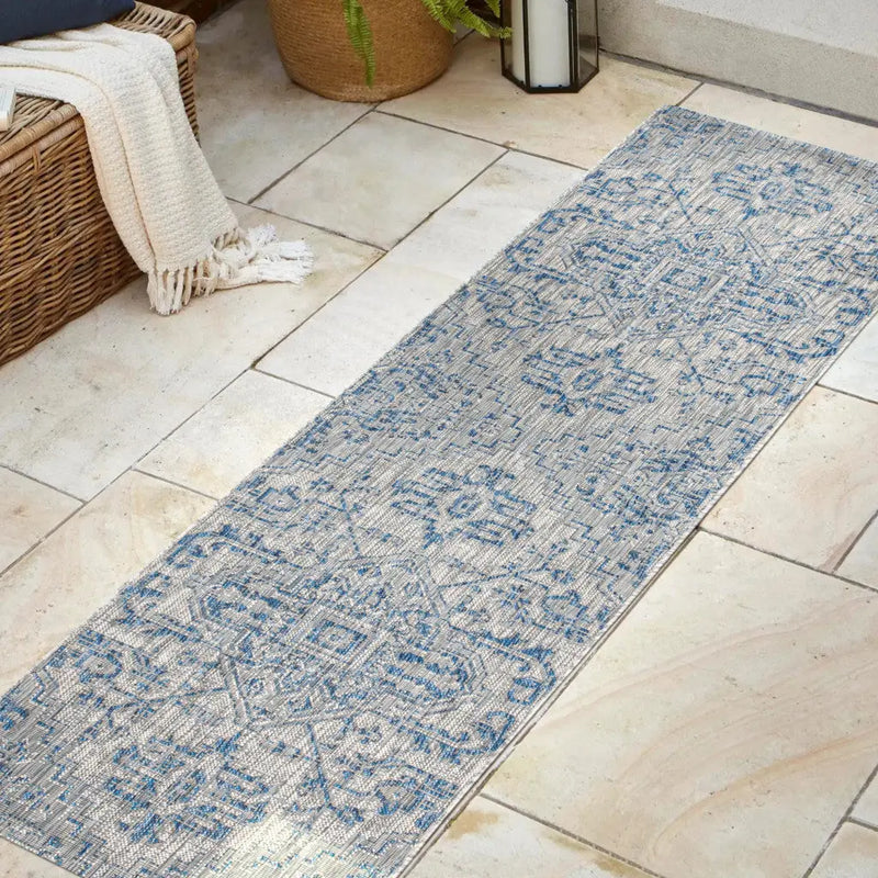 20' Navy Blue And Gray Medallion Indoor Outdoor Runner Rug Homeroots Outdoor