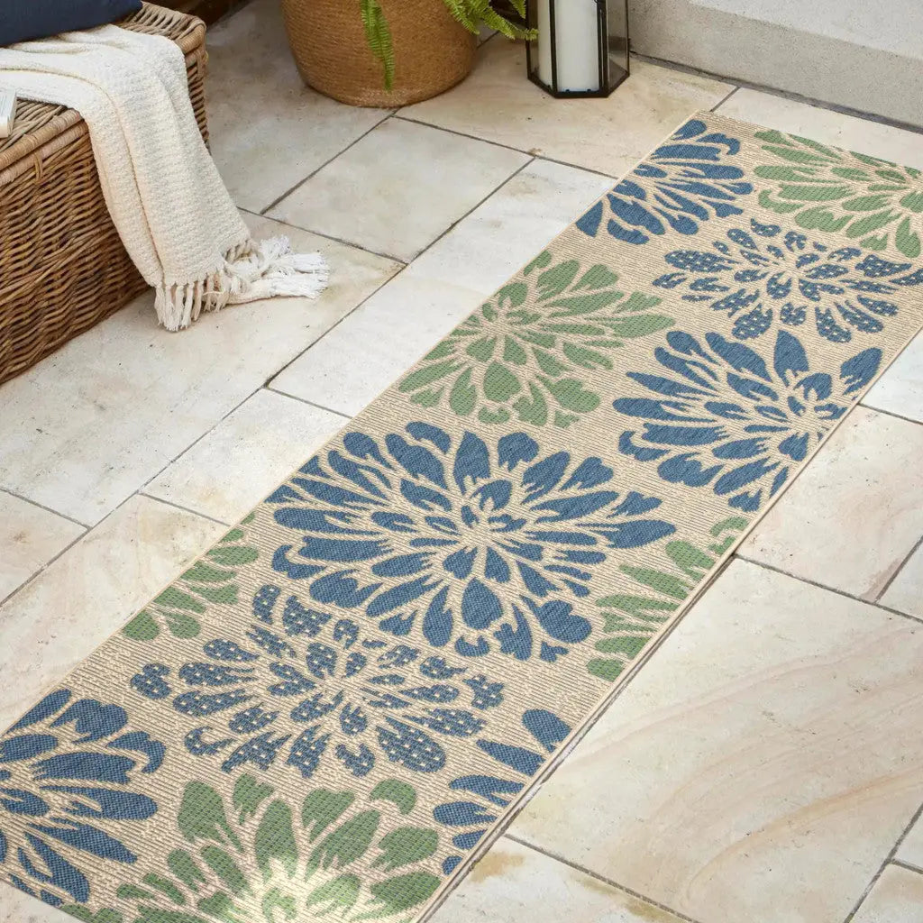 20' Navy Blue And Green Floral Indoor Outdoor Runner Rug - GreatEagleInc