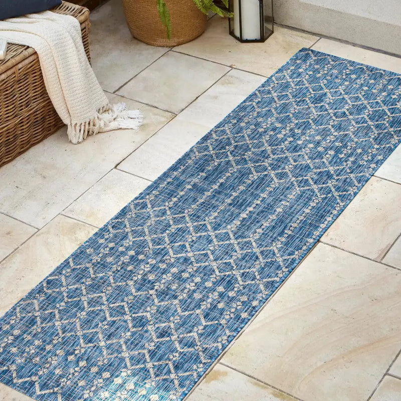 20' Navy Blue And Light Gray Trellis Indoor Outdoor Runner Rug Homeroots Outdoor