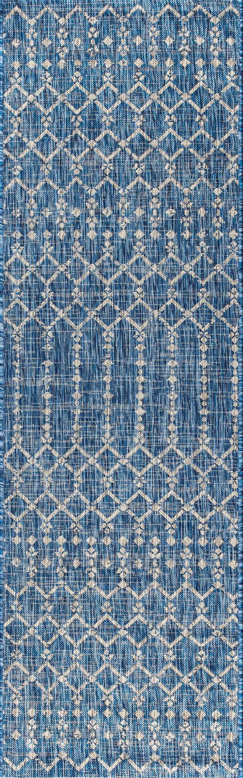 20' Navy Blue And Light Gray Trellis Indoor Outdoor Runner Rug Homeroots Outdoor