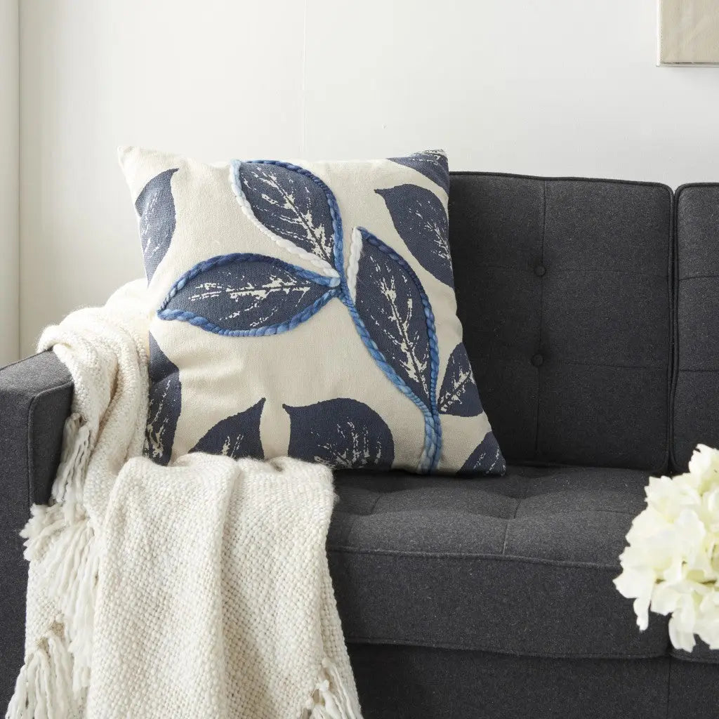 20" Navy Blue Floral Cotton Blend Throw Pillow - GreatEagleInc