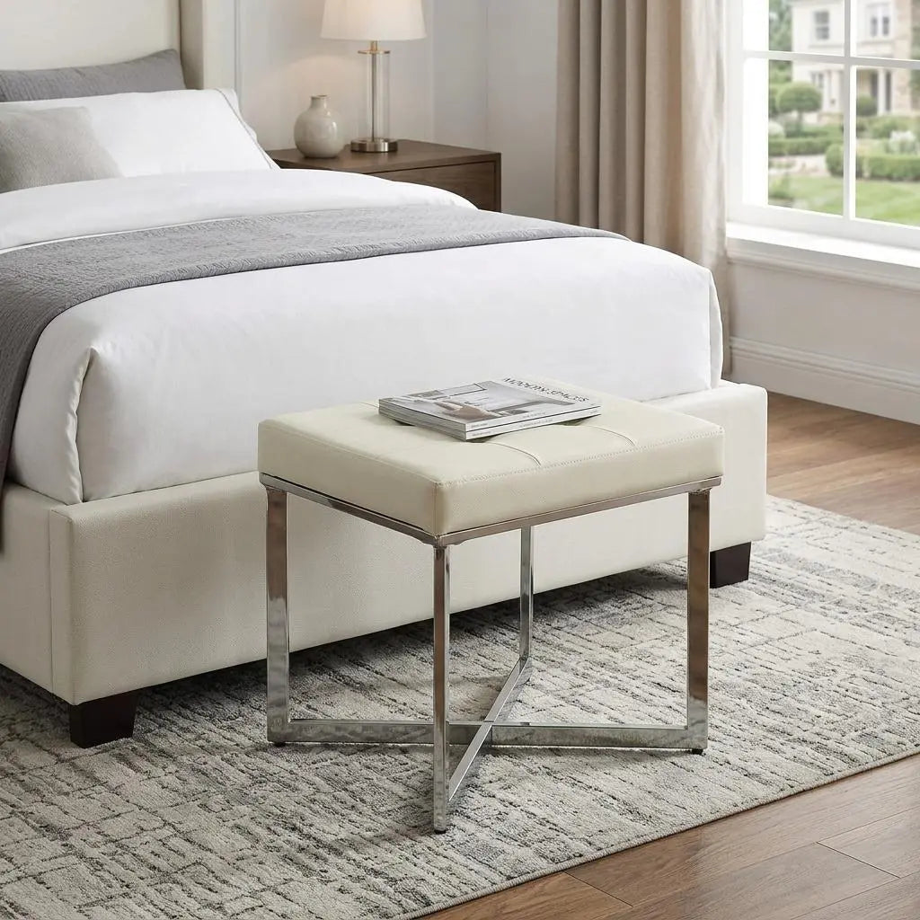 20" Off White and Silver Tufted Faux Leather and Metal Upholstered Vanity Bench Homeroots Living Room