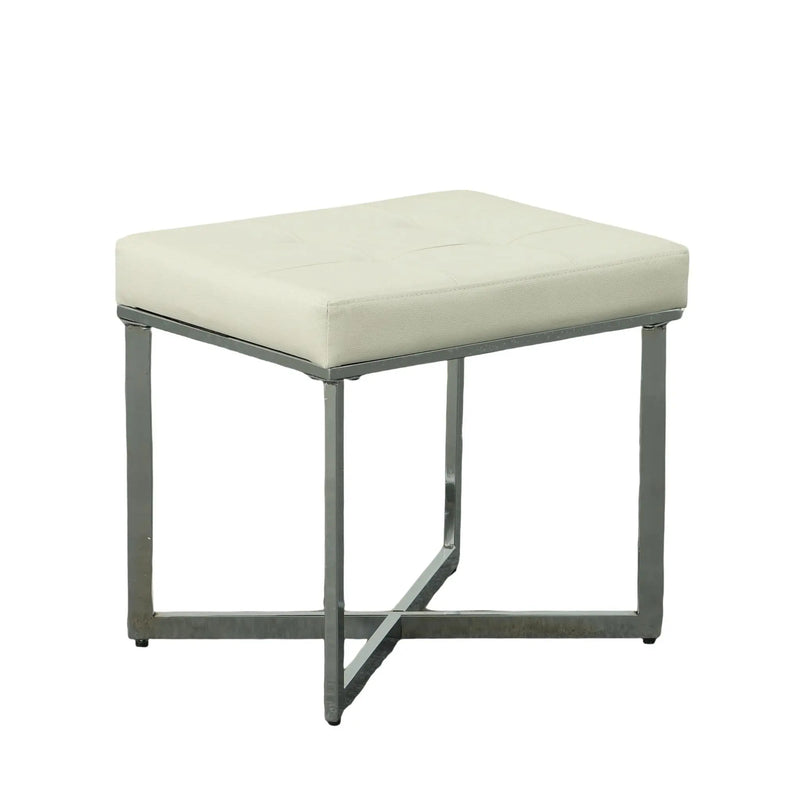 20" Off White and Silver Tufted Faux Leather and Metal Upholstered Vanity Bench Homeroots Living Room