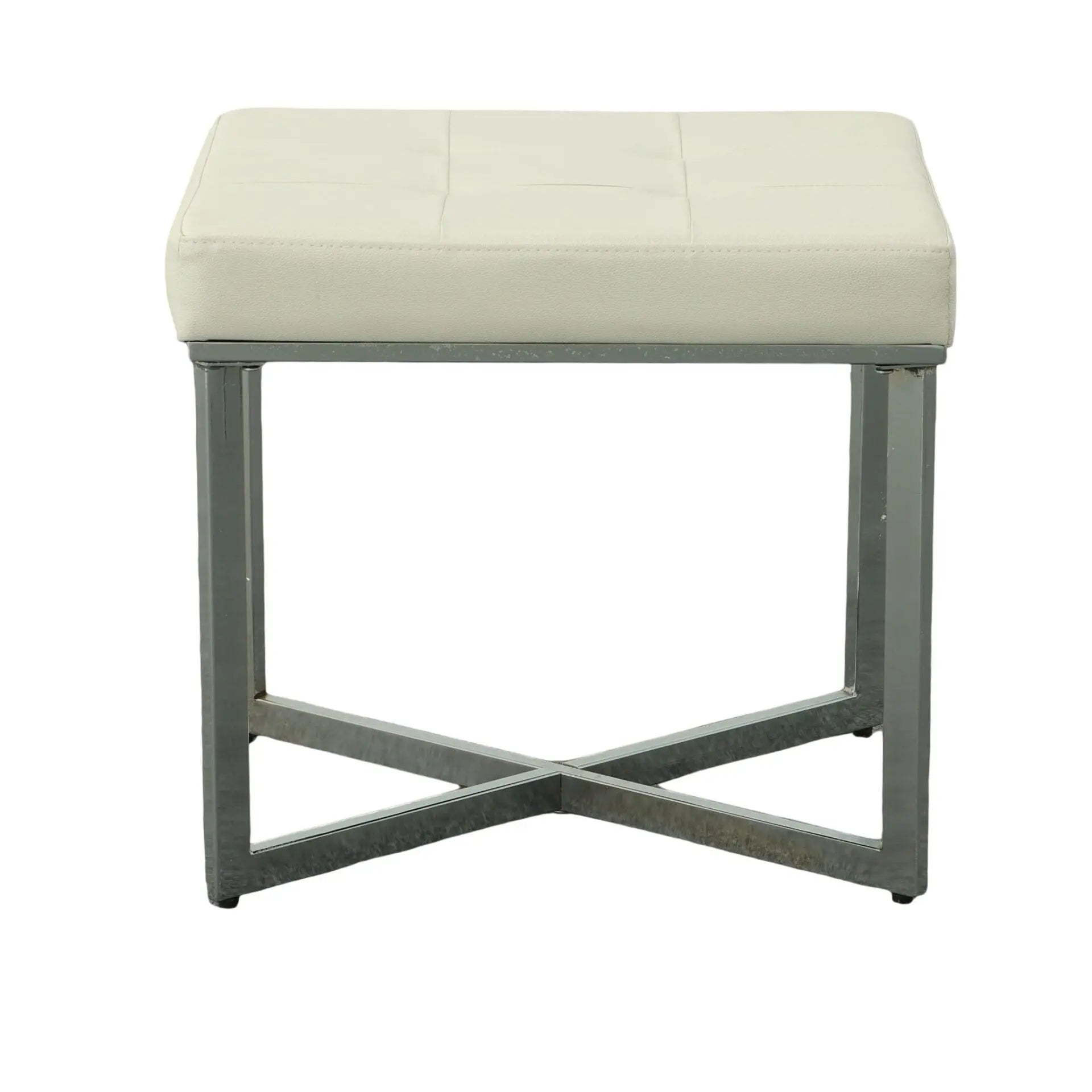 20" Off White and Silver Tufted Faux Leather and Metal Upholstered Vanity Bench Homeroots Living Room