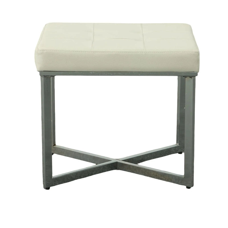 20" Off White and Silver Tufted Faux Leather and Metal Upholstered Vanity Bench Homeroots Living Room