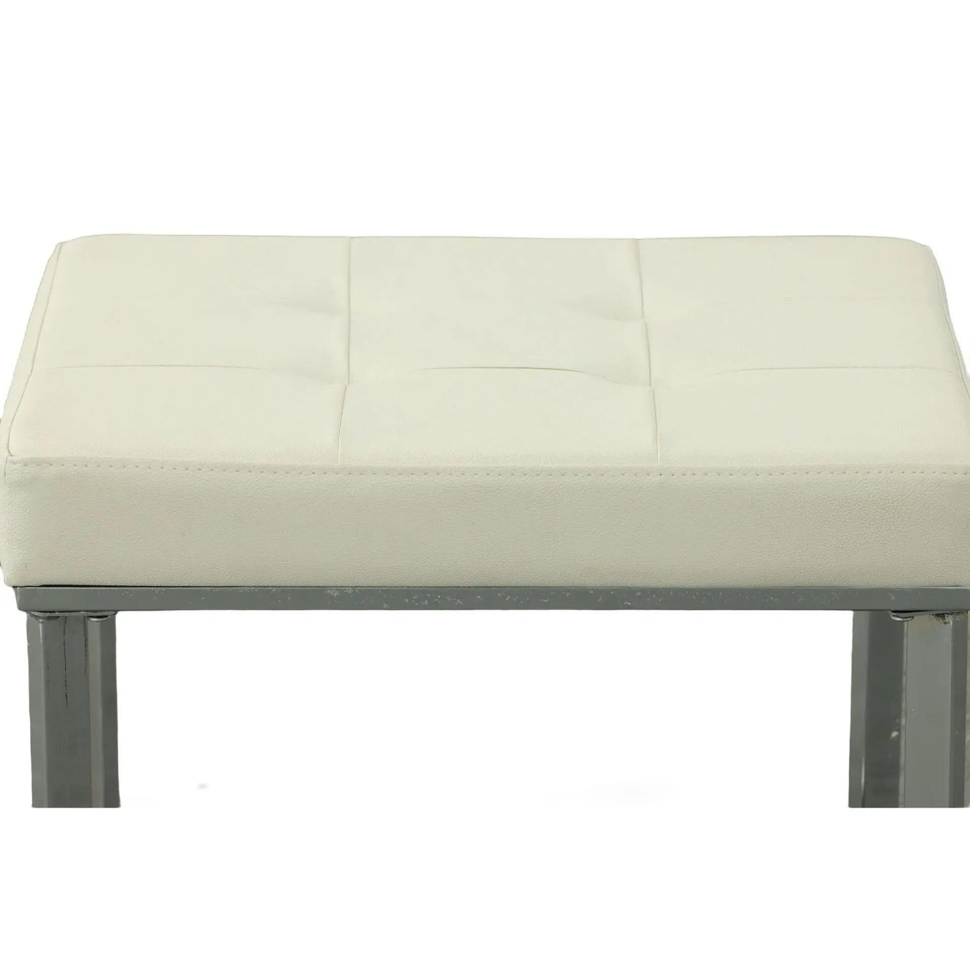 20" Off White and Silver Tufted Faux Leather and Metal Upholstered Vanity Bench Homeroots Living Room