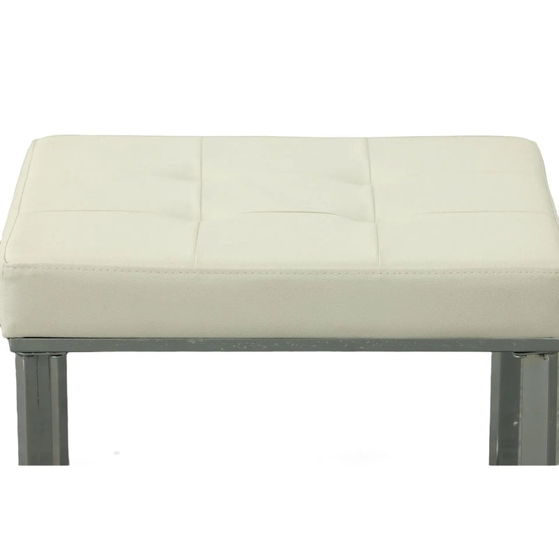20" Off White and Silver Tufted Faux Leather and Metal Upholstered Vanity Bench Homeroots Living Room