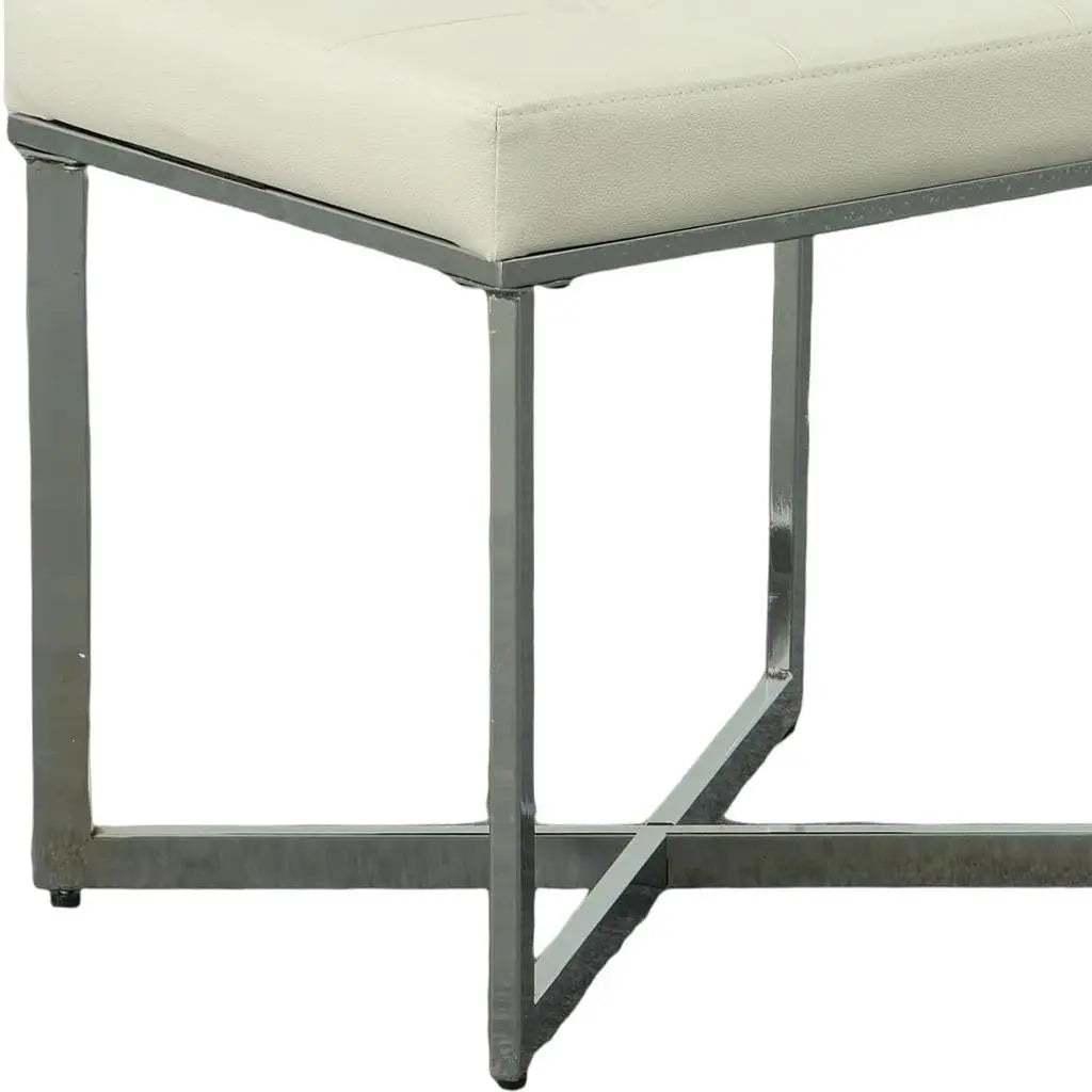 20" Off White and Silver Tufted Faux Leather and Metal Upholstered Vanity Bench Homeroots Living Room