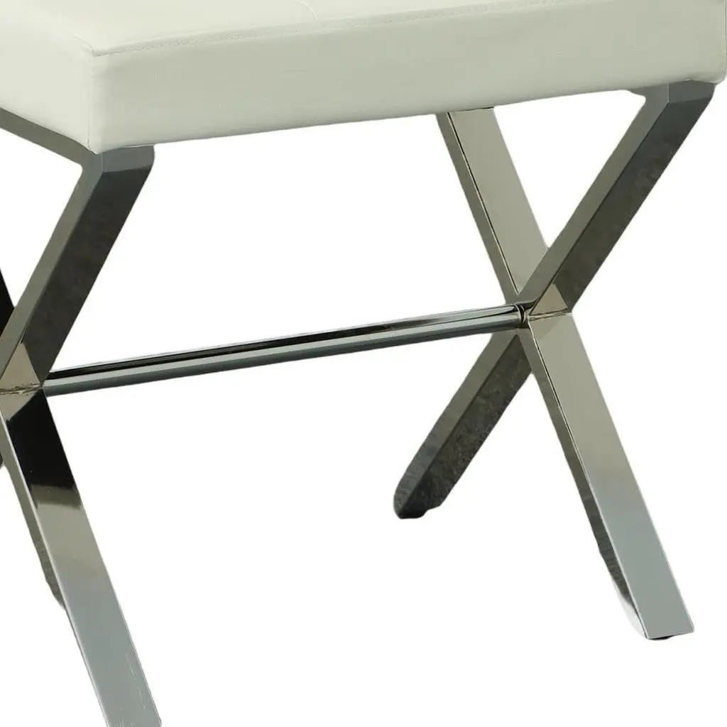 20" Off White and Silver Tufted Faux Leather and Metal Upholstered Vanity Bench Homeroots Living Room