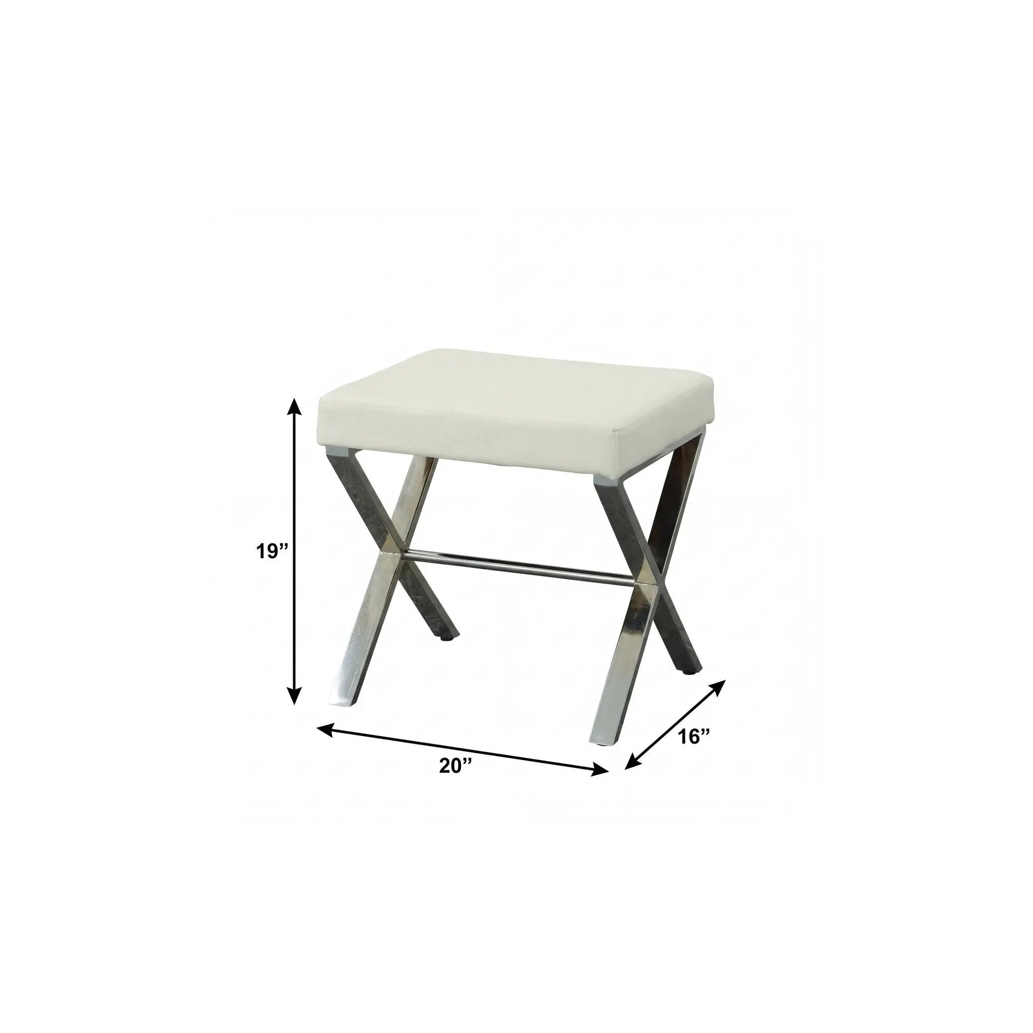 20" Off White and Silver Tufted Faux Leather and Metal Upholstered Vanity Bench Homeroots Living Room