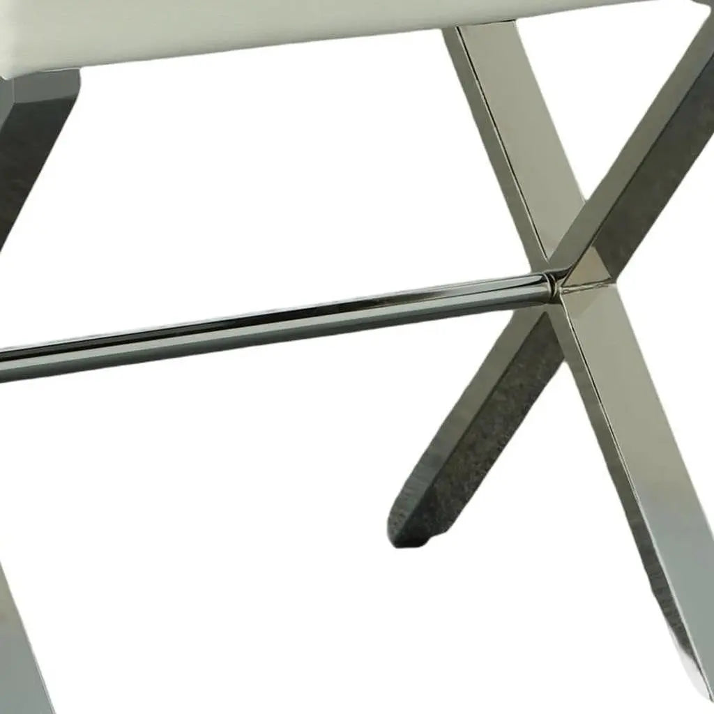 20" Off White and Silver Tufted Faux Leather and Metal Upholstered Vanity Bench Homeroots Living Room