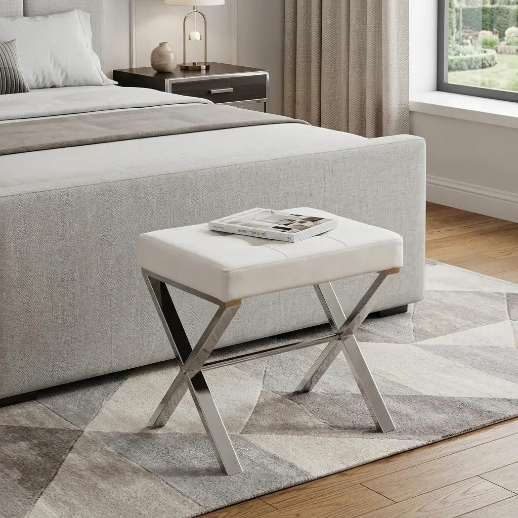 20" Off White and Silver Tufted Faux Leather and Metal Upholstered Vanity Bench Homeroots Living Room