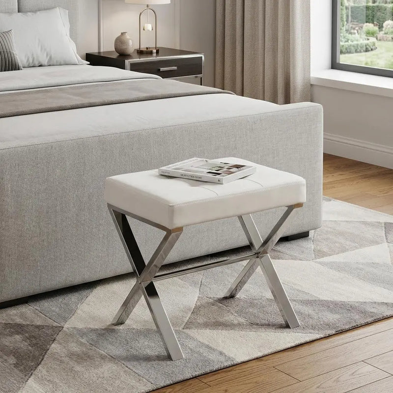 20" Off White and Silver Tufted Faux Leather and Metal Upholstered Vanity Bench Homeroots Living Room