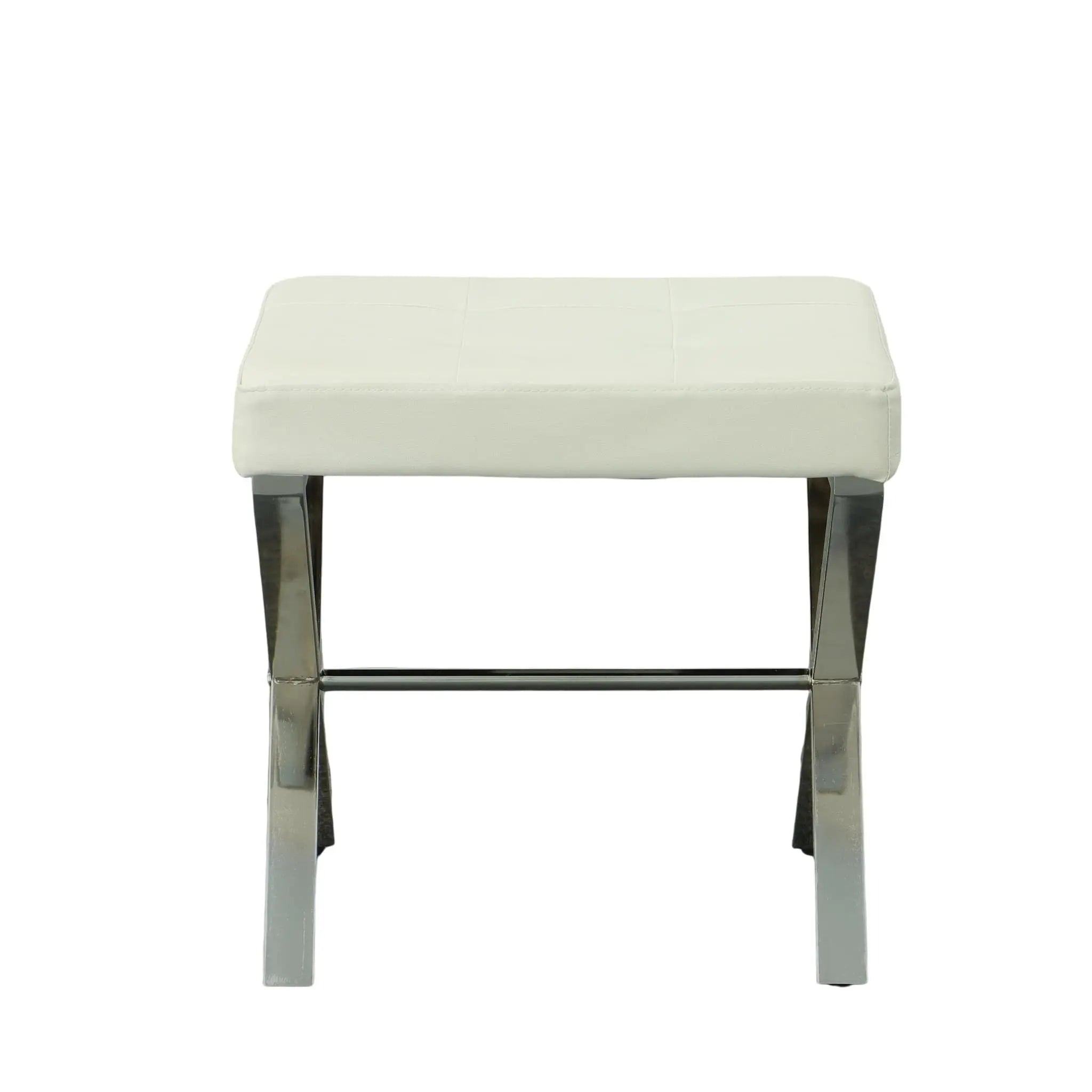 20" Off White and Silver Tufted Faux Leather and Metal Upholstered Vanity Bench Homeroots Living Room