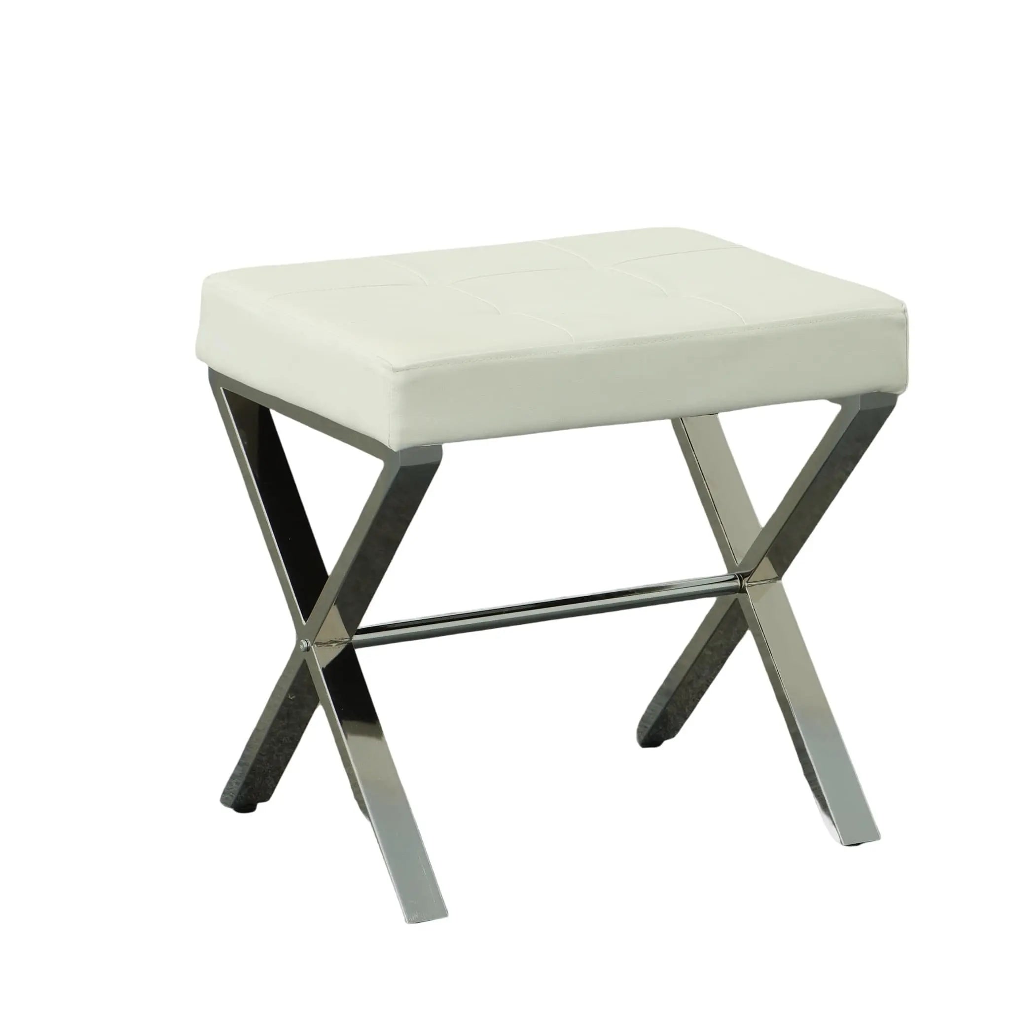 20" Off White and Silver Tufted Faux Leather and Metal Upholstered Vanity Bench Homeroots Living Room
