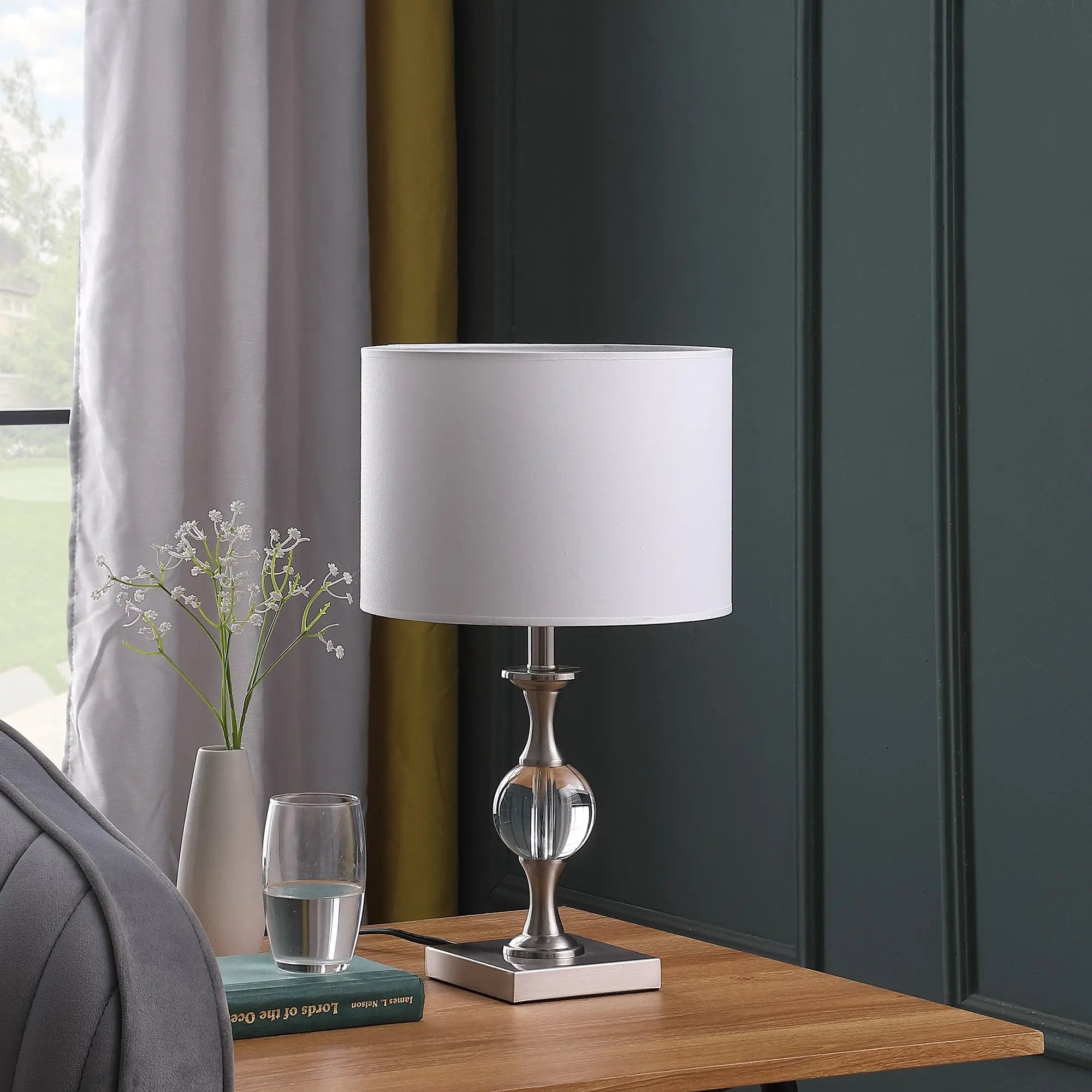 20" Silver Bedside Table Lamp With White Drum Shade Homeroots Lighting