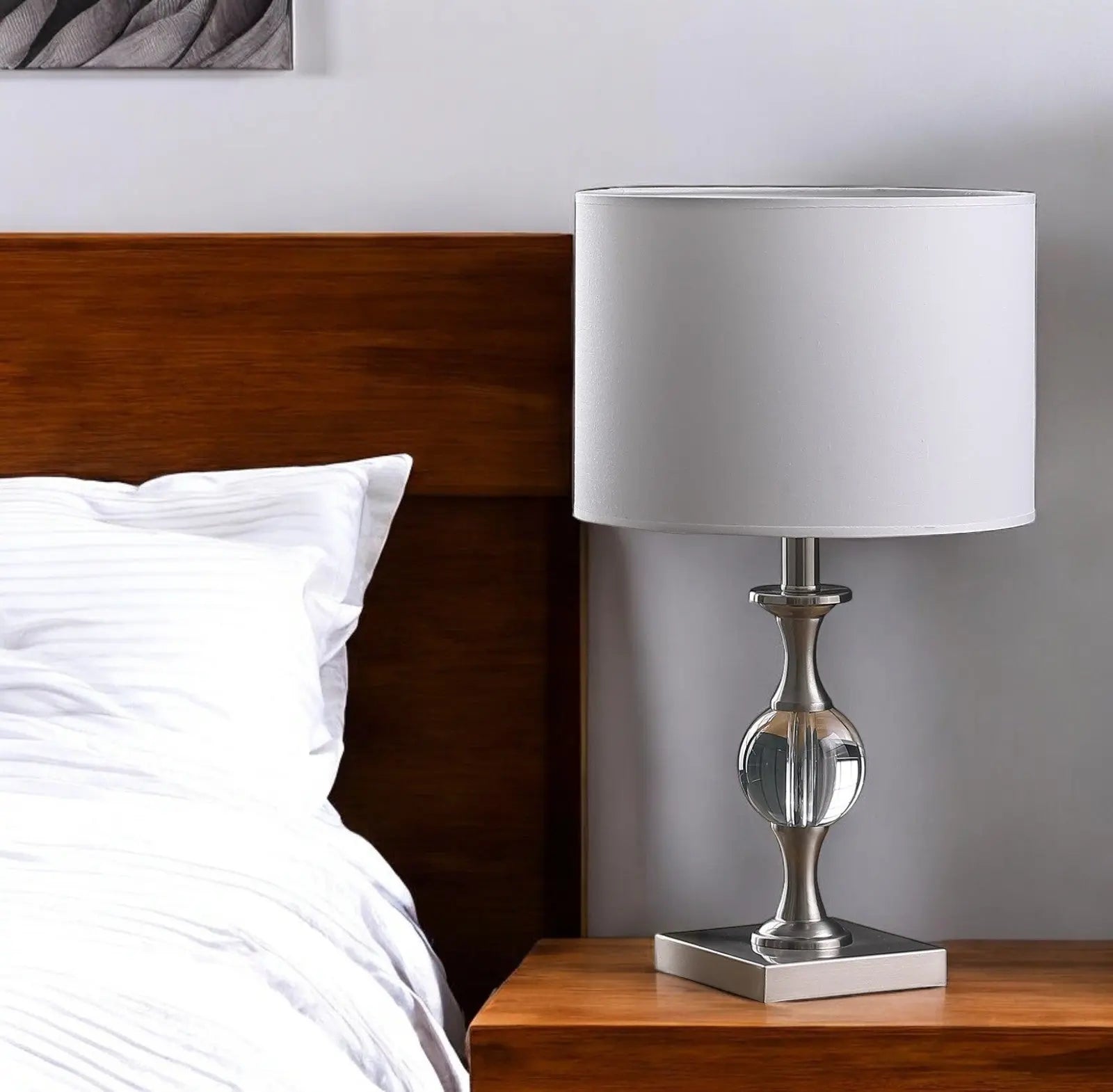 20" Silver Bedside Table Lamp With White Drum Shade Homeroots Lighting