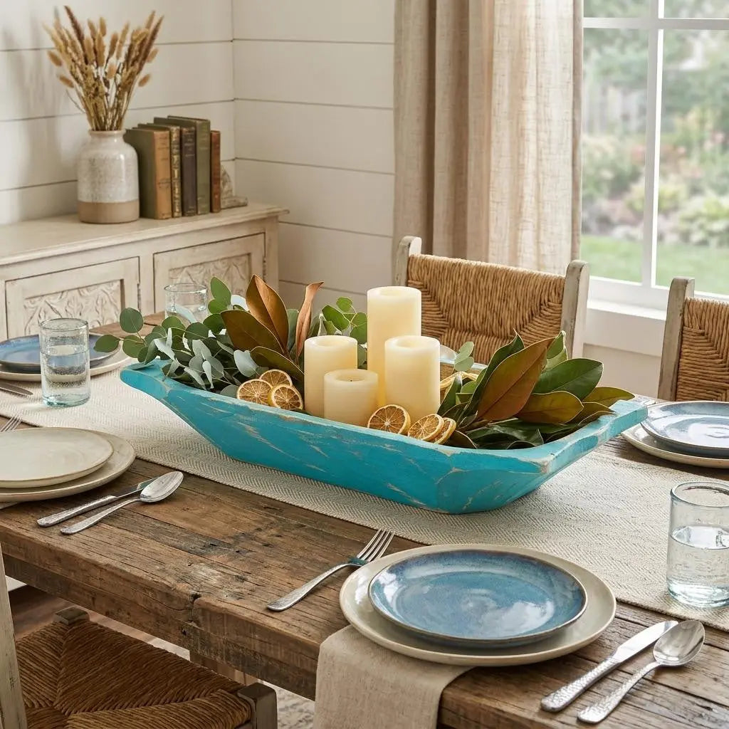 20" Turquoise Solid Wood Dough Bowl With Handles Homeroots Kitchen & Dining