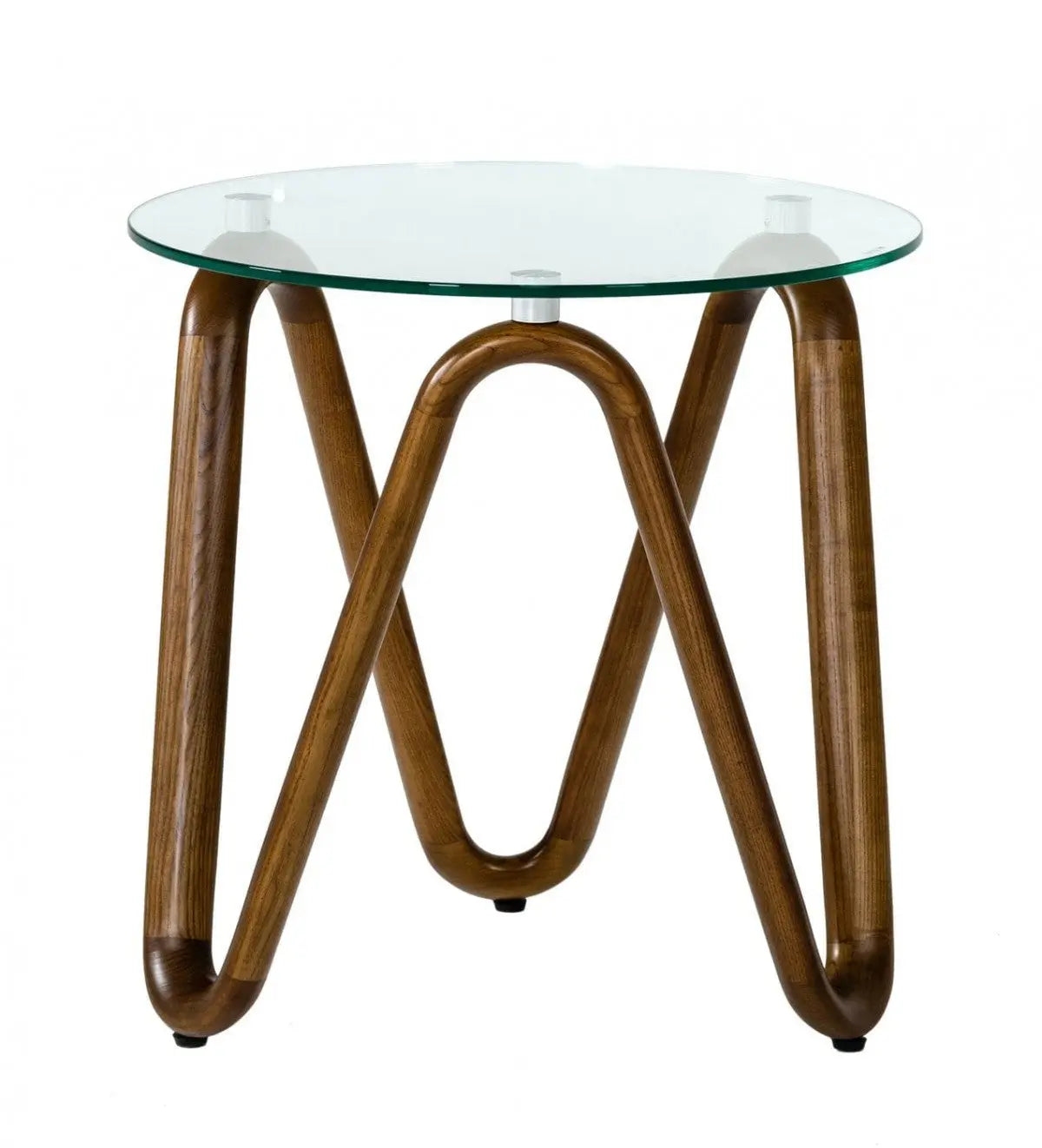 20" Walnut And Clear Glass  Solid Wood Ribbon Base Round End Table Homeroots Living Room
