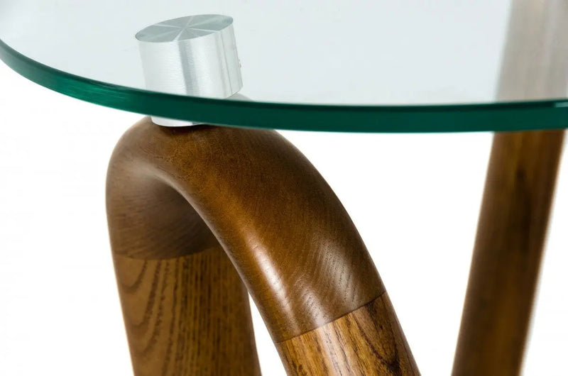 20" Walnut And Clear Glass  Solid Wood Ribbon Base Round End Table Homeroots Living Room