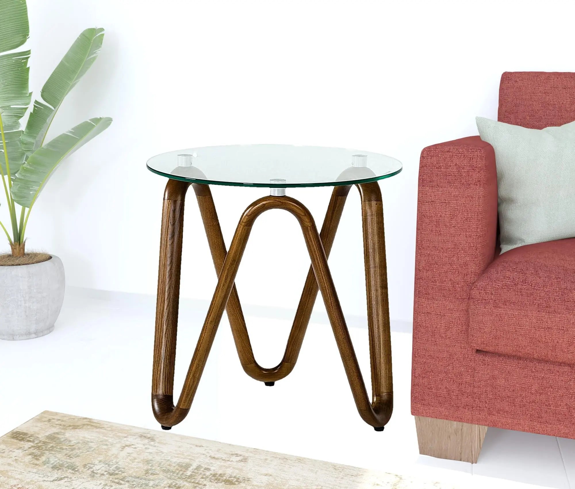 20" Walnut And Clear Glass  Solid Wood Ribbon Base Round End Table Homeroots Living Room