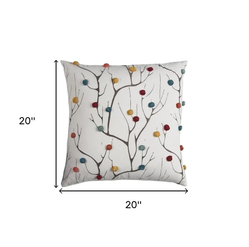 20" White And Black Coral Indoor Outdoor Throw Pillow With Pompoms Homeroots Outdoor