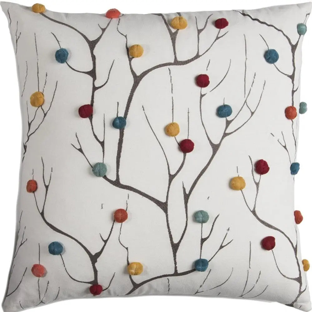 20" White And Black Coral Indoor Outdoor Throw Pillow With Pompoms Homeroots Outdoor