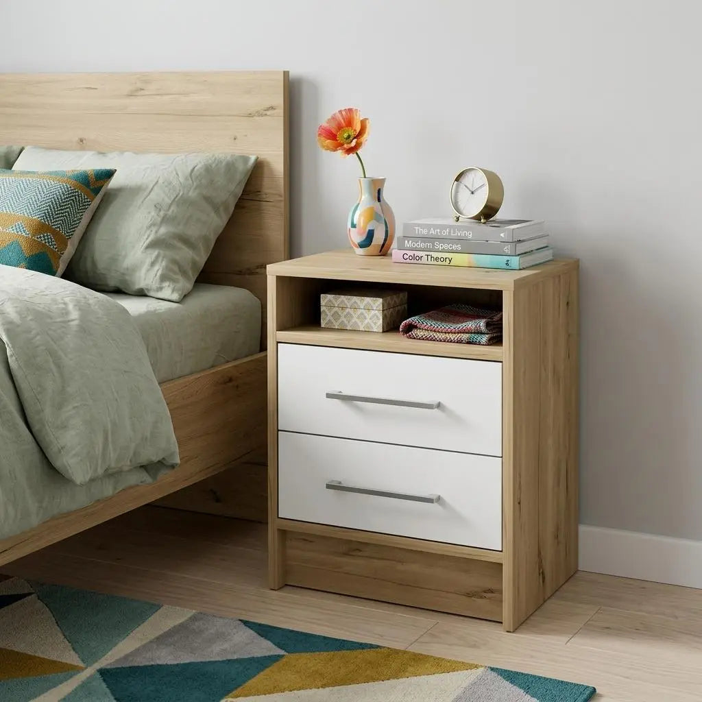 20" White And Natural Wood Two Drawer Nightstand Homeroots Bed & Bath
