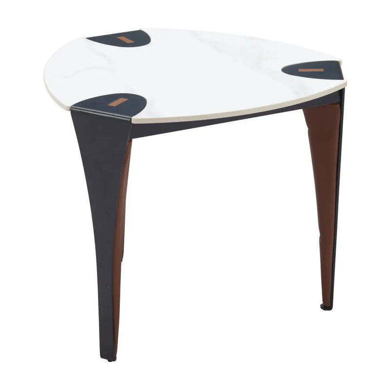 20" White Black and Brown Faux Marble and Steel Triangular End Table Homeroots Living Room