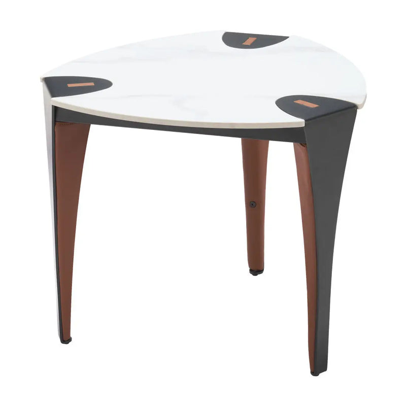 20" White Black and Brown Faux Marble and Steel Triangular End Table Homeroots Living Room