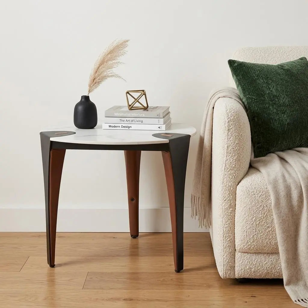 20" White Black and Brown Faux Marble and Steel Triangular End Table Homeroots Living Room