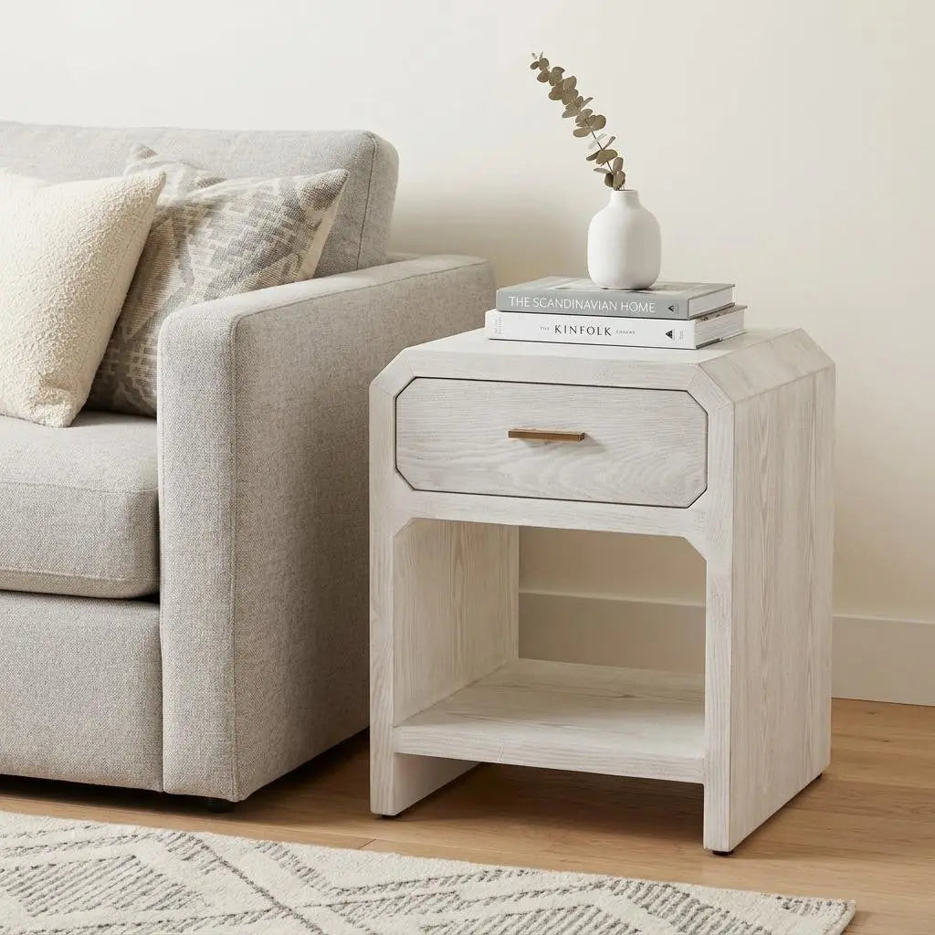 20" White Wood Faceted End Table With Drawer And Shelf Homeroots Living Room