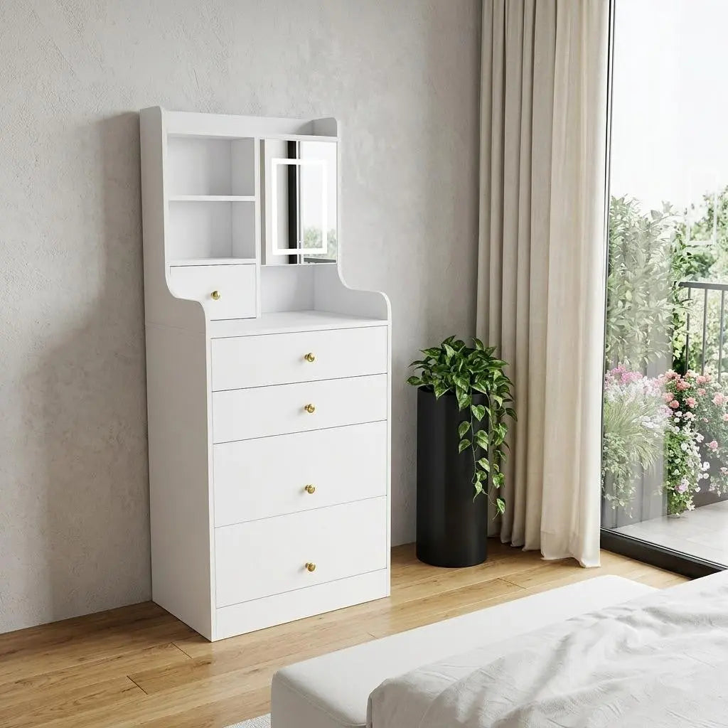 20" White Wood Mirrored Five Drawer Vanity Table And Lights Homeroots Bed & Bath