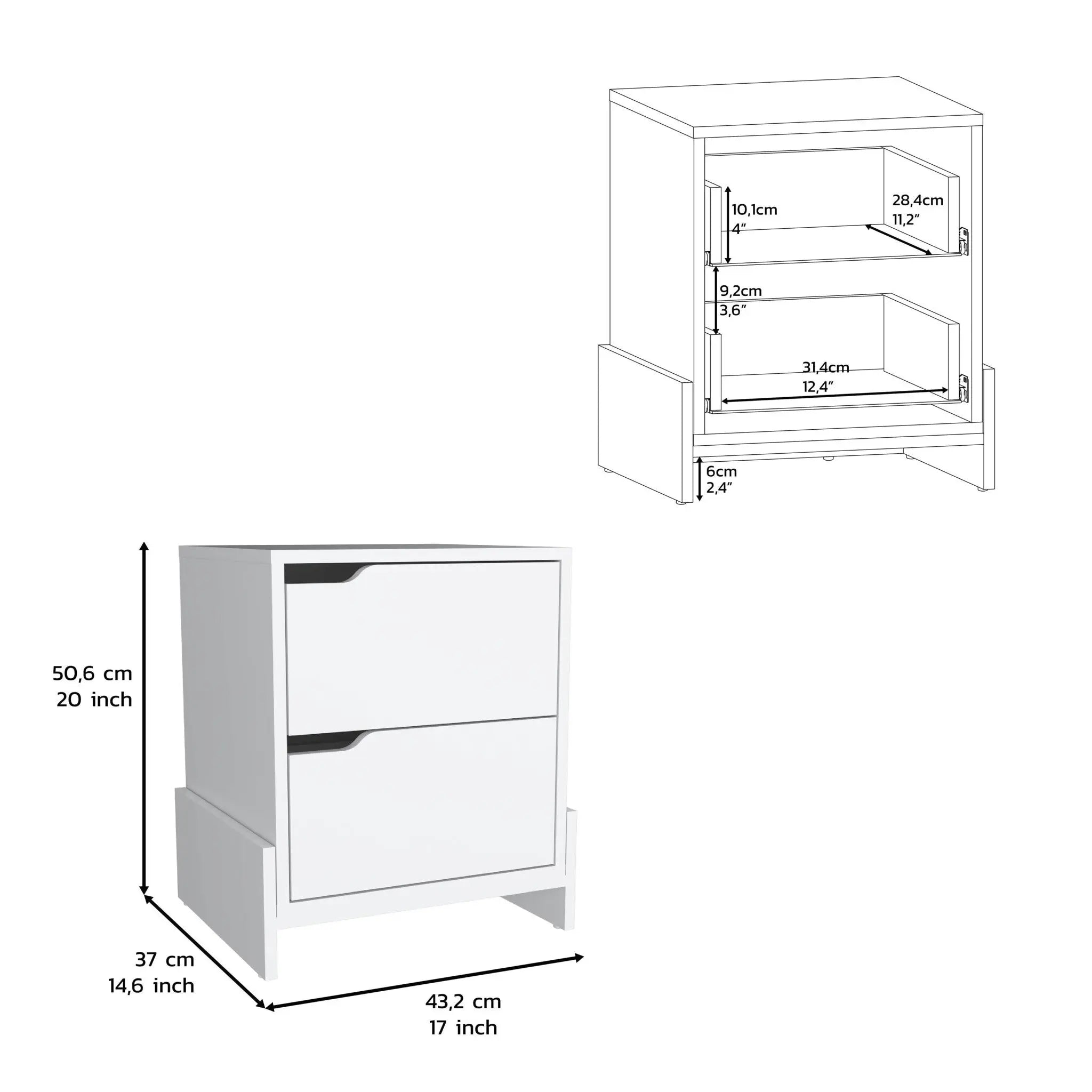 20" White Wood Two Drawer Nightstand Homeroots Bed & Bath
