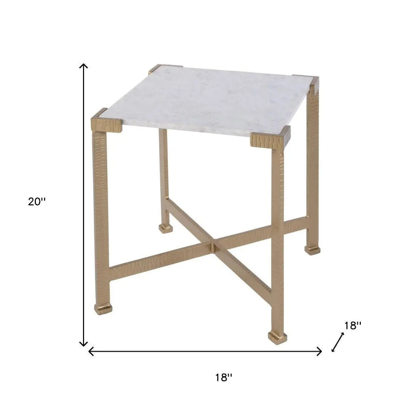 20" White and Gold Distressed Marble and Iron Square End Table - GreatEagleInc