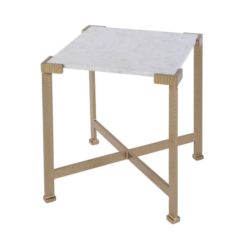 20" White and Gold Distressed Marble and Iron Square End Table - GreatEagleInc