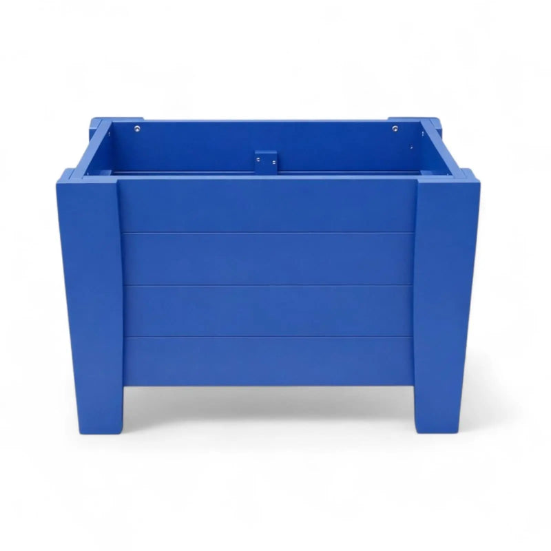 Bright blue wooden planter box, modern design with slatted sides, perfect for indoor or outdoor use.