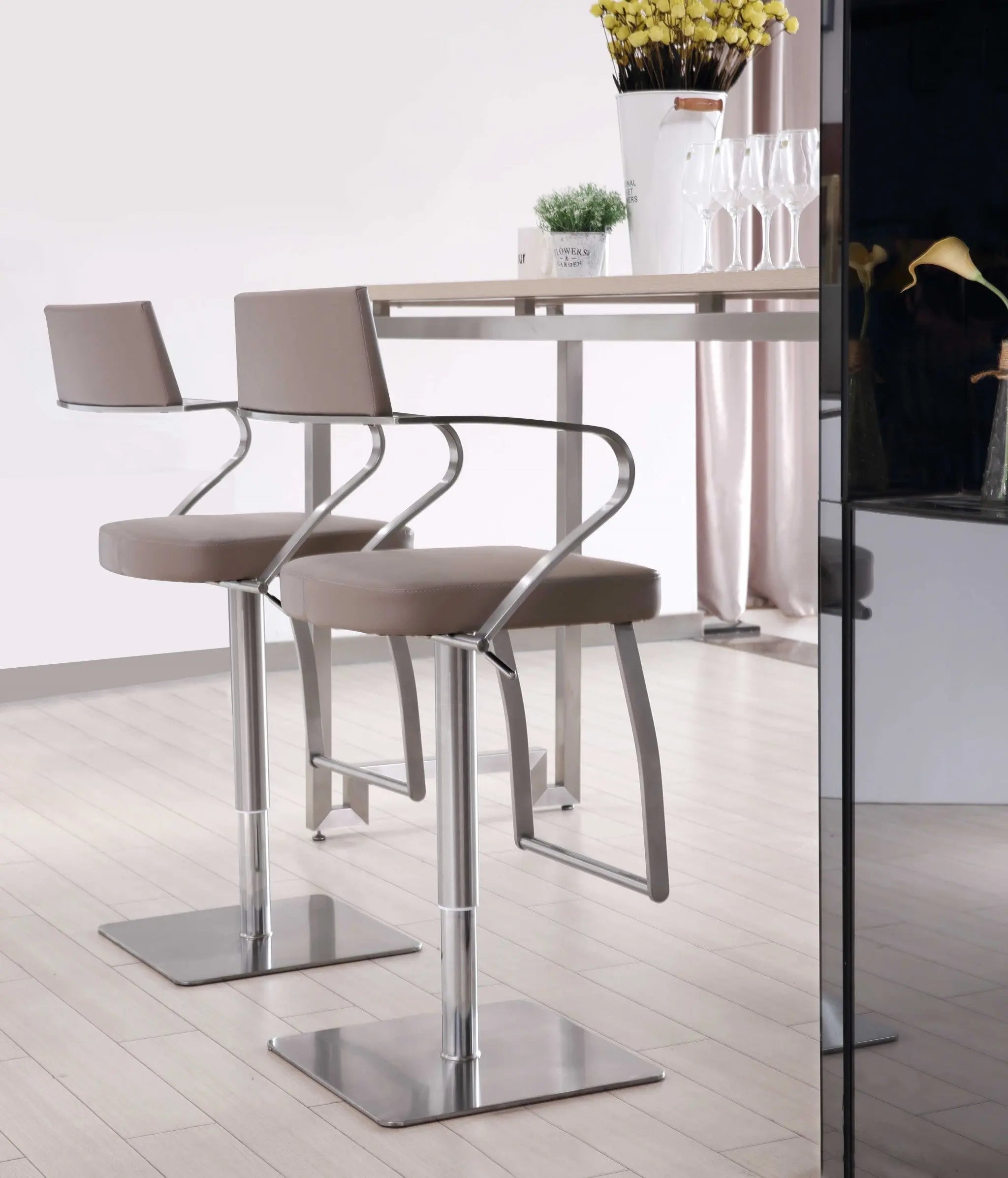 21 " Taupe And Silver Stainless Steel Bar Chair Homeroots Living Room