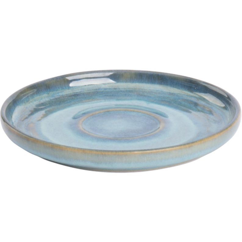 Round ceramic saucer with blue glossy glaze and thin gold rim detail