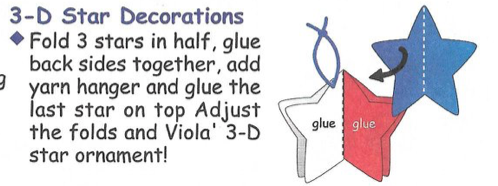 Tri-color 3D star cut-out decorations, blue and red with white folds and hanging string