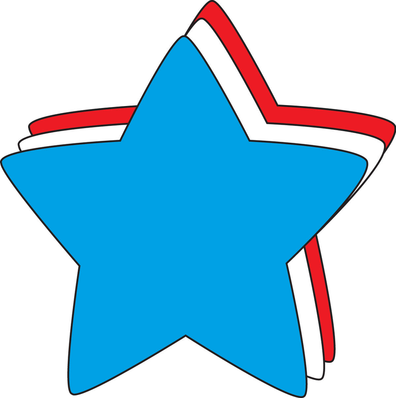Tri-color star cut-out with bright blue center, red and white accents