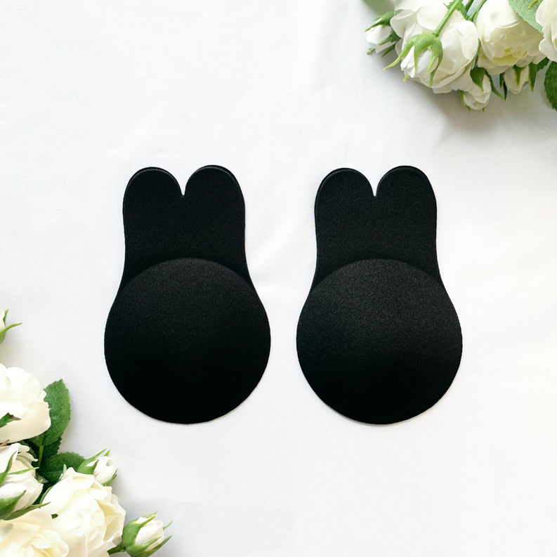 Black bunny-shaped lift bra pads, two-piece set with rounded back and ear tips