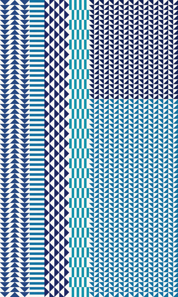 Geometric vinyl floor covering edge with blue, white, and teal triangle patterns