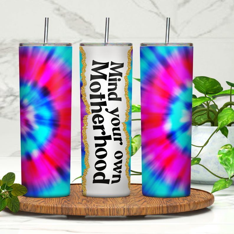 20oz skinny tumbler with colorful tie-dye swirl sides and white vertical text panel